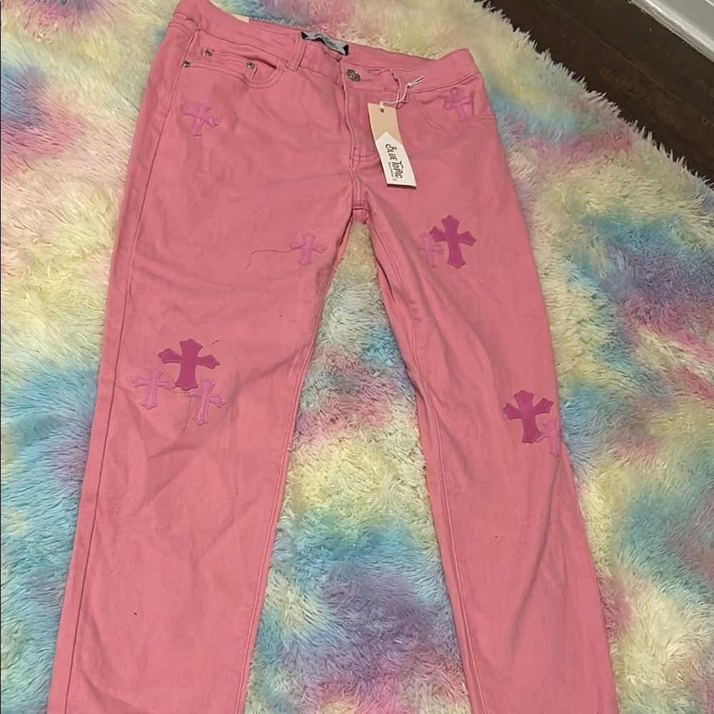 Pink Women's Jeans with Cross Details